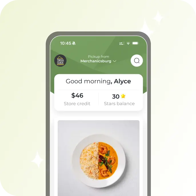Mobile app screen showing a greeting to Alyce, store credit of $46, 30 stars balance, and a meal with rice and curry.