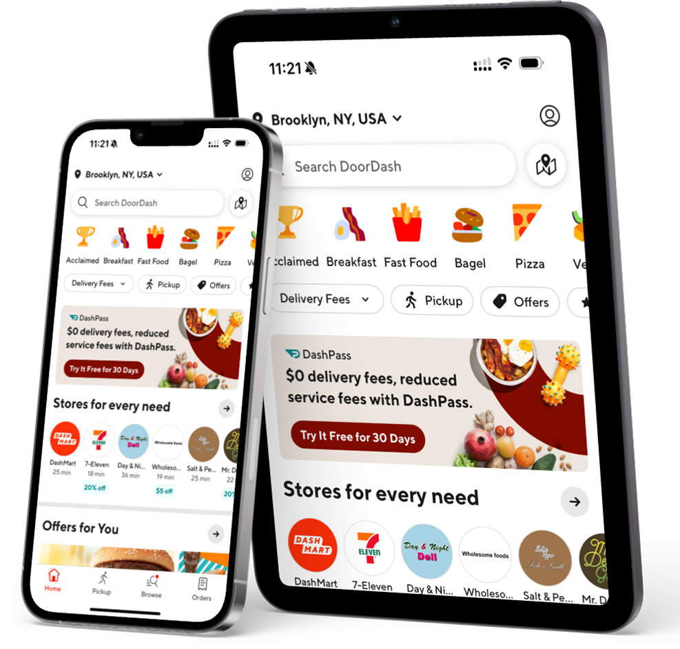 Smartphone and tablet displaying DoorDash app search interface with food categories, DashPass promotion, and local store options in Brooklyn, NY.