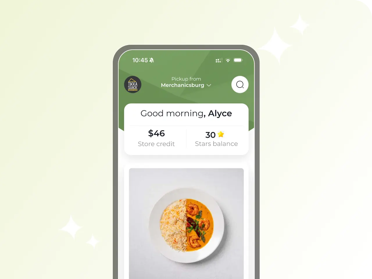 Mobile app screen showing store credit of $46 and 30 stars balance with a dish of rice and shrimp curry.