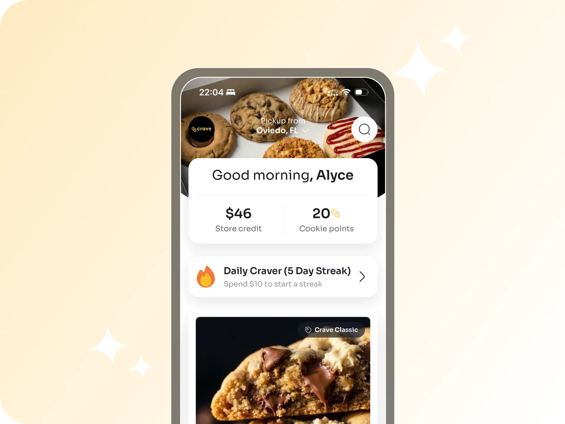 Mobile app screens for a franchise brand showing menu items and store credit.