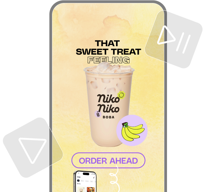 Iced banana-flavored boba drink from Niko Niko with text 'That sweet treat feeling' and a call-to-action button 'Order Ahead' above a smartphone showing the ordering app.