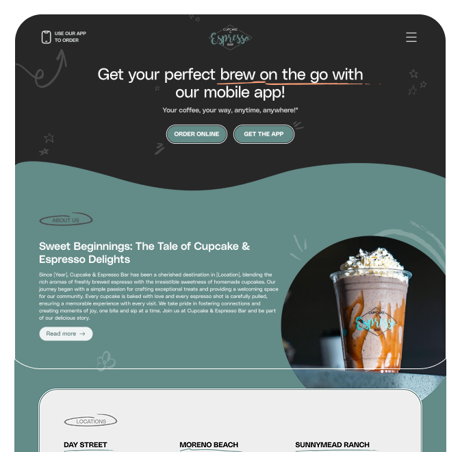Cupcake & Espresso Bar webpage showing a mobile app promo with iced coffee drink topped with whipped cream and caramel drizzle, alongside text about cupcakes and espresso delights.