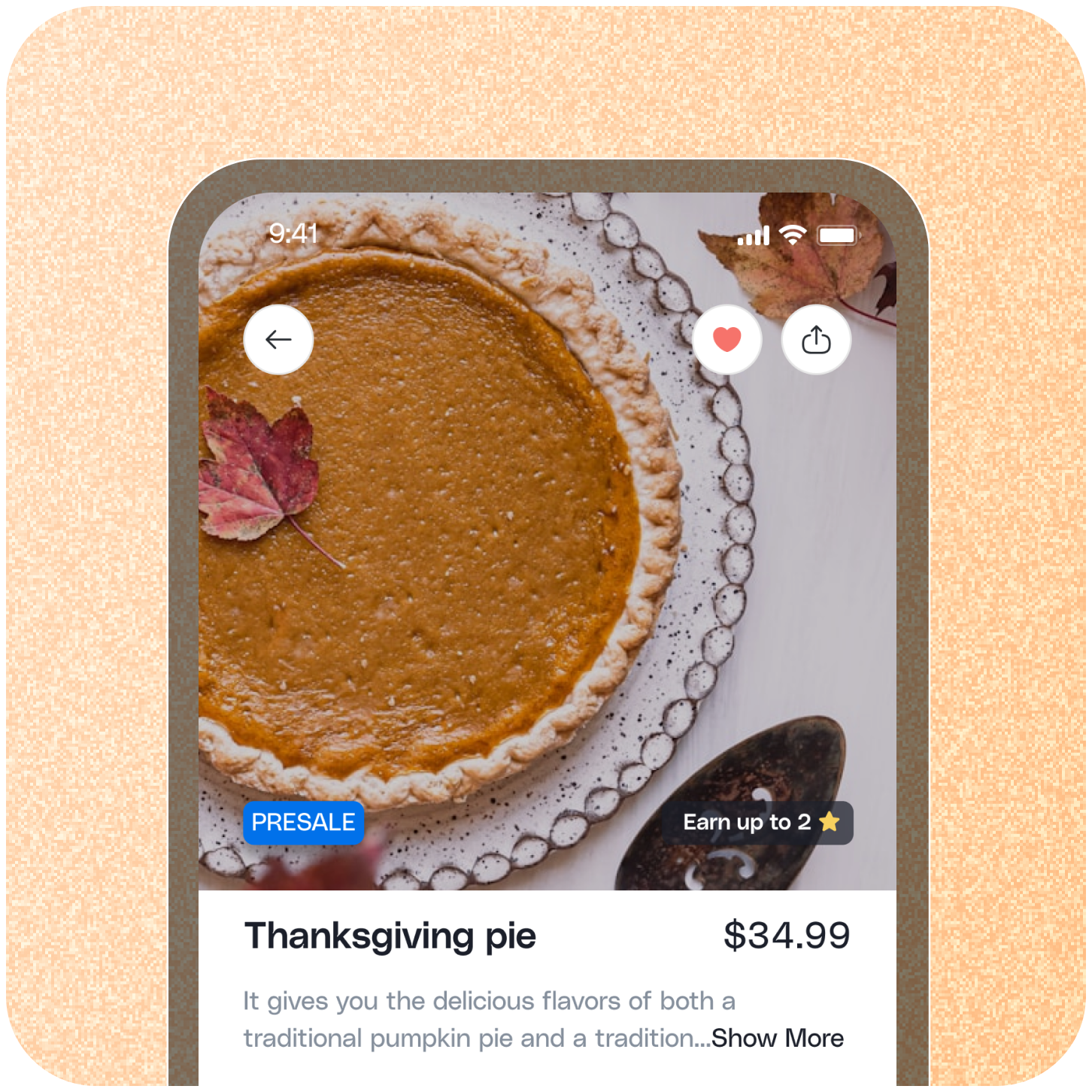 Top-down view of a pumpkin Thanksgiving pie on a decorative plate with autumn leaves.