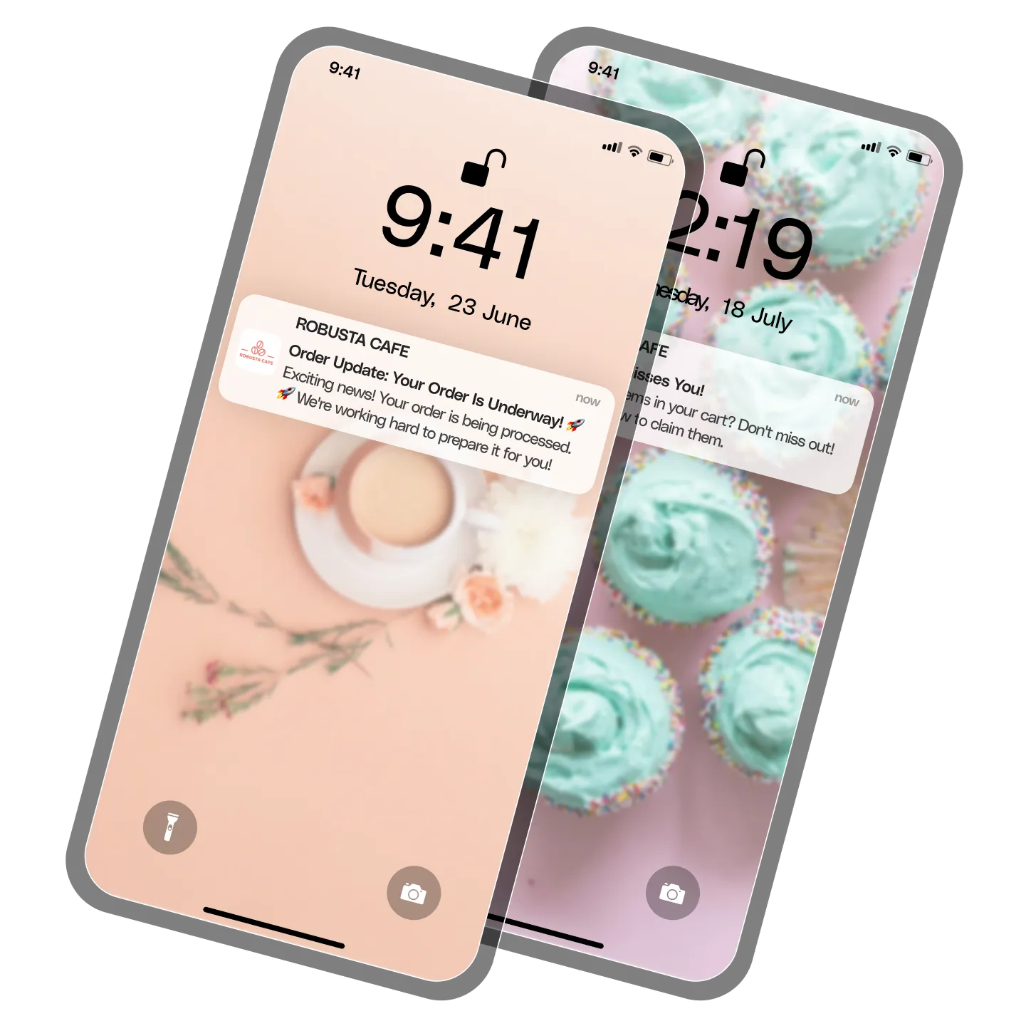 Two smartphones with coffee and cupcake backgrounds showing Robusta Cafe notifications about an order update and a cart reminder.