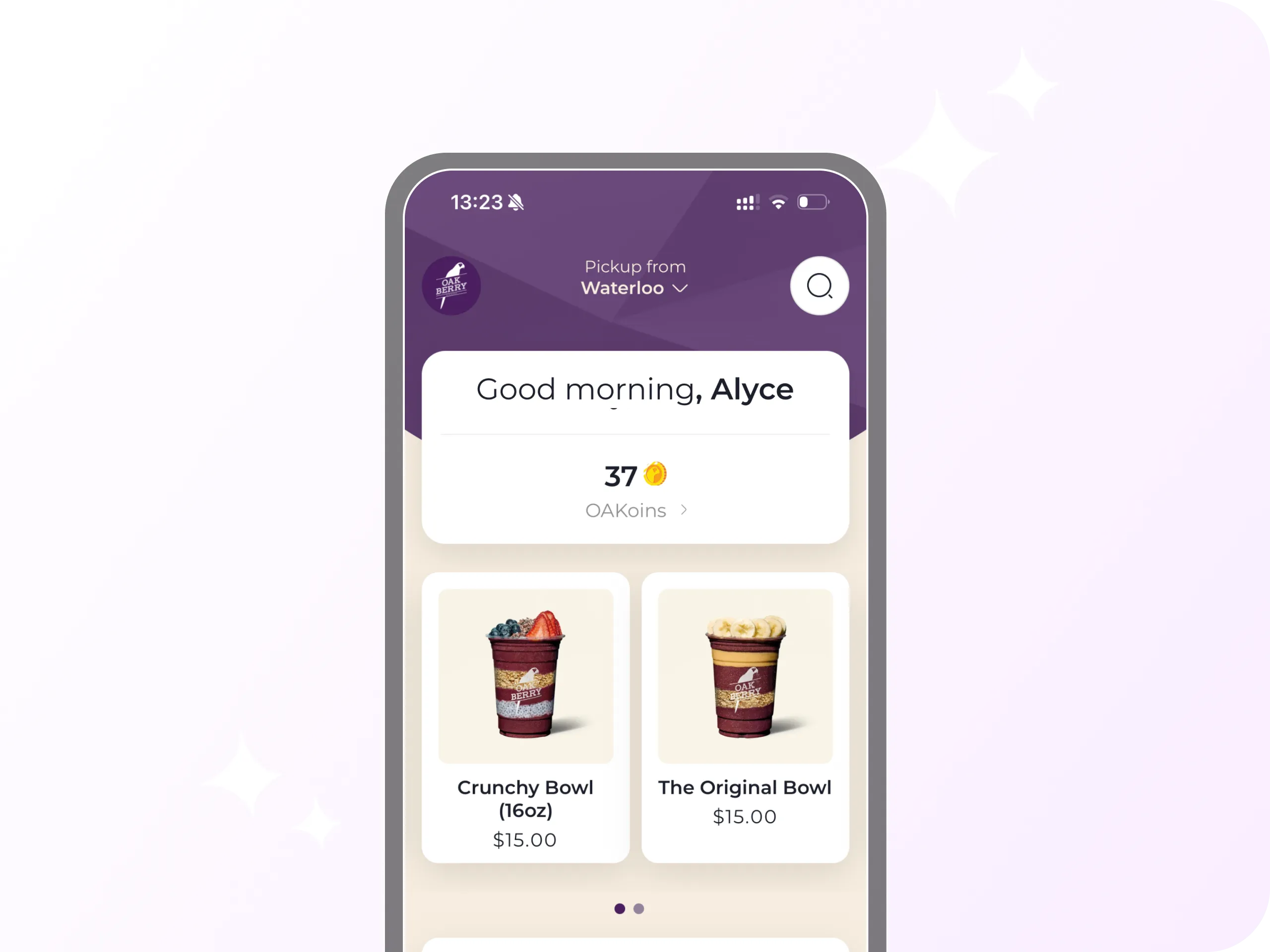 Mobile app screen showing a greeting to user Alyce with 37 OAKoins and images of two smoothie bowls: Crunchy Bowl (16oz) and The Original Bowl, each priced at $15.00.