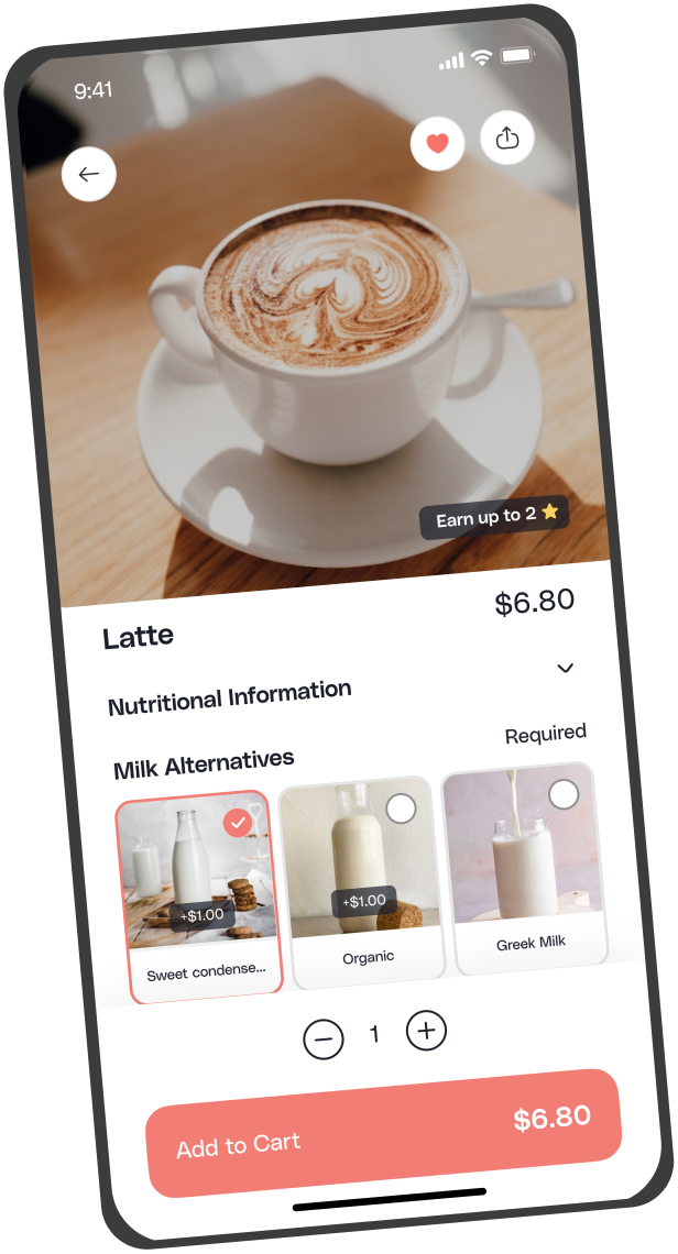 Mobile app screen showing a coffee shop menu with categories and items