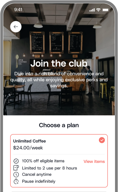Mobile screen showing a coffee subscription plan with a background image of a cozy coffee shop interior, menu boards on the wall, and text details about an unlimited coffee plan costing $24 per week.