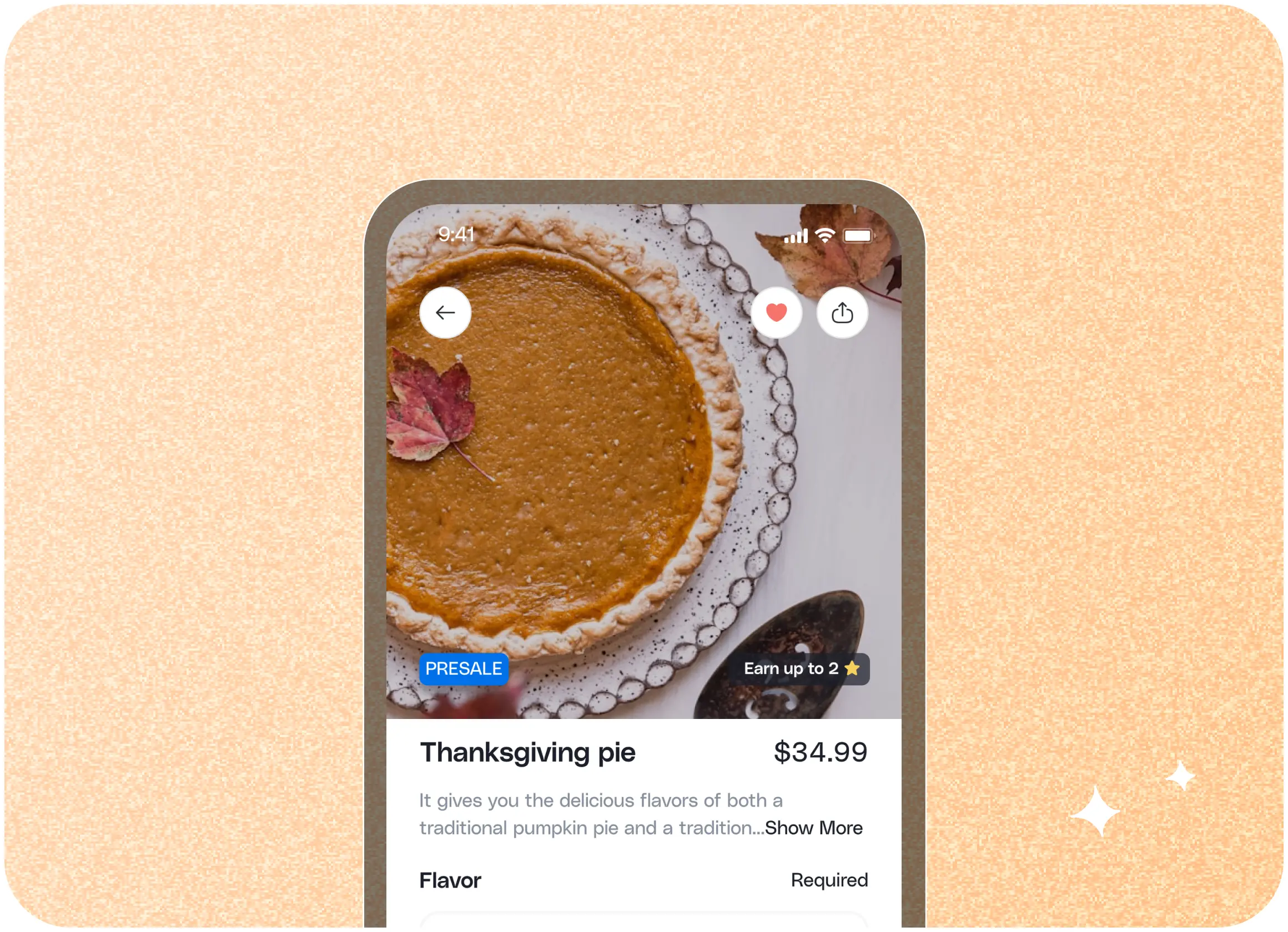 Phone screen showing a Thanksgiving pumpkin pie priced at $34.99 with a presale label and rewards earning.