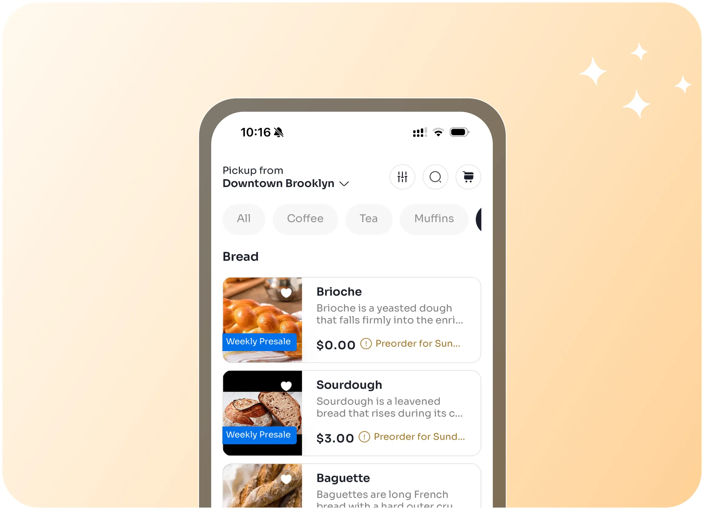 Phone screen showing a bread menu — Brioche, Sourdough, Baguette — with weekly presale notifications.
