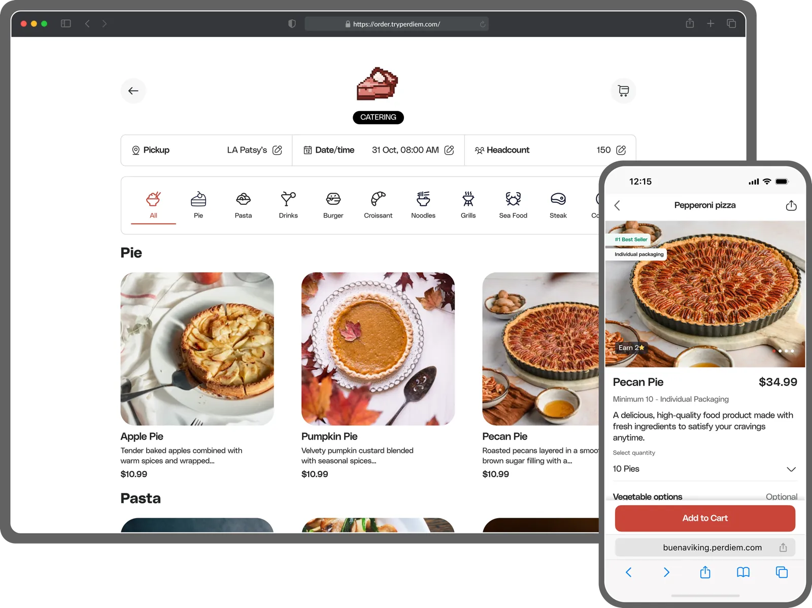 Catering ordering interface showing Pickup, Date/time and Headcount selectors above a grid of pie products with pricing, with a phone mockup overlay showing a Pecan Pie product detail.
